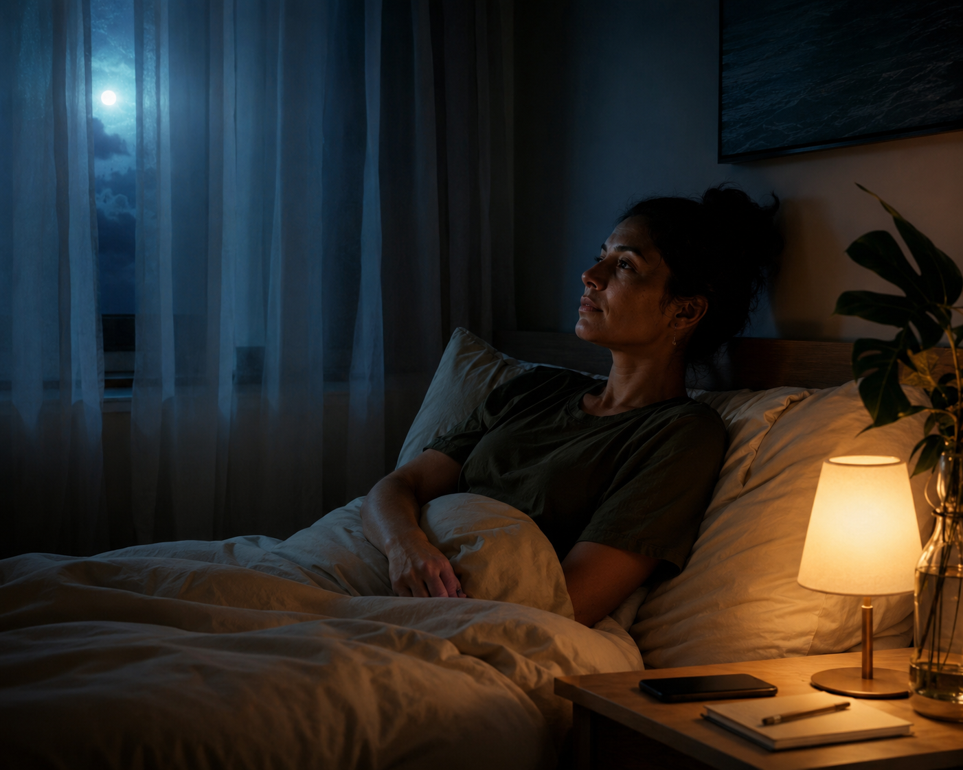 Mulher adulta acordada na cama à noite, olhando para o teto com luz de abajur acesa