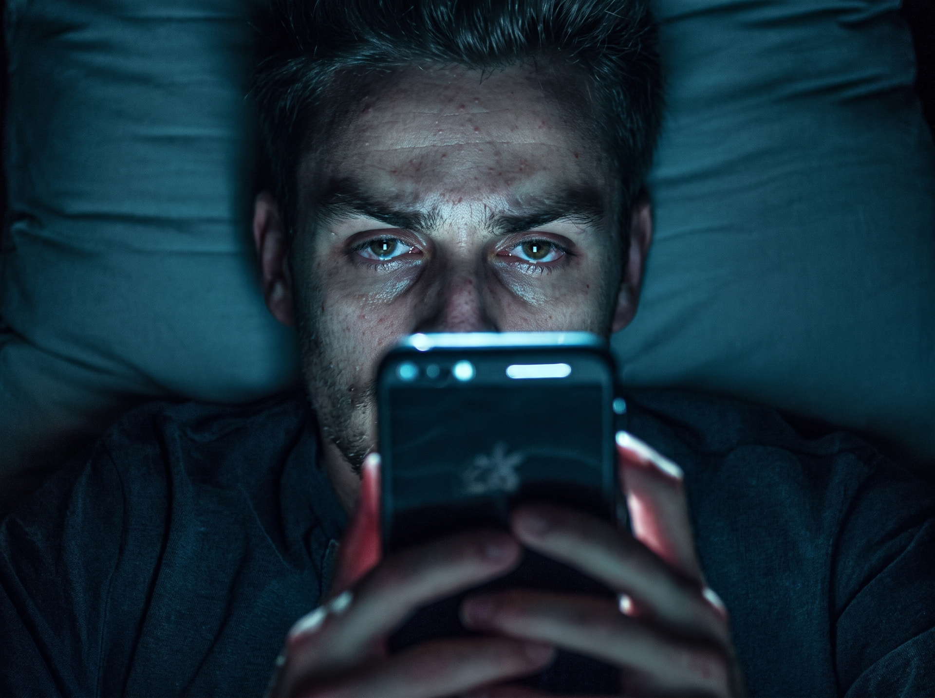 Homem deitado no escuro olhando para a tela do celular, rosto iluminado pela luz azulada do aparelho