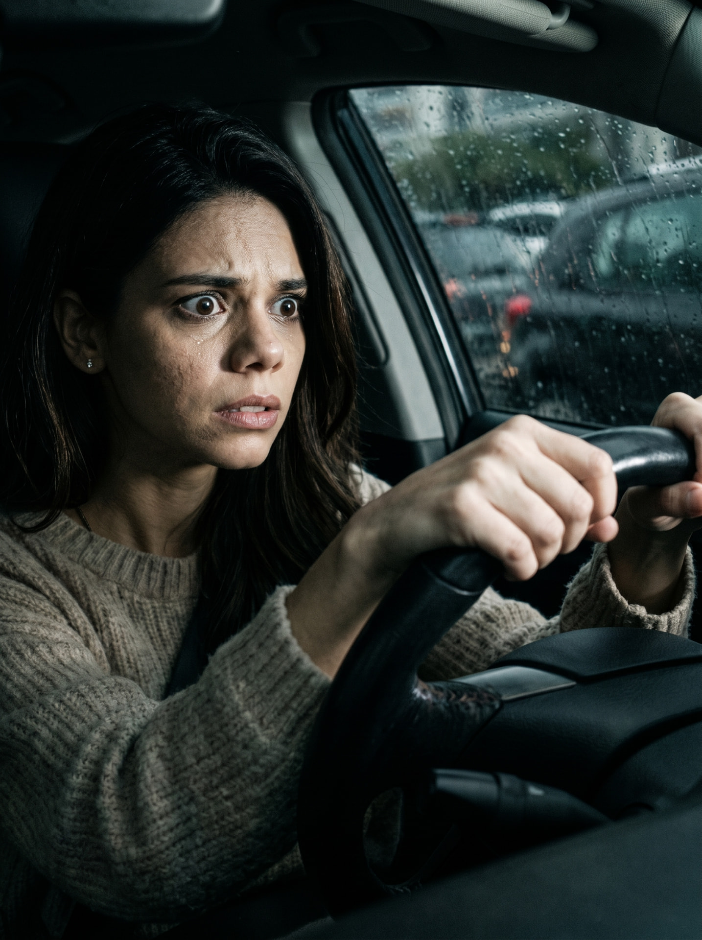 Mulher adulta ao volante de um carro em dia chuvoso, expressão de ansiedade e tensão
